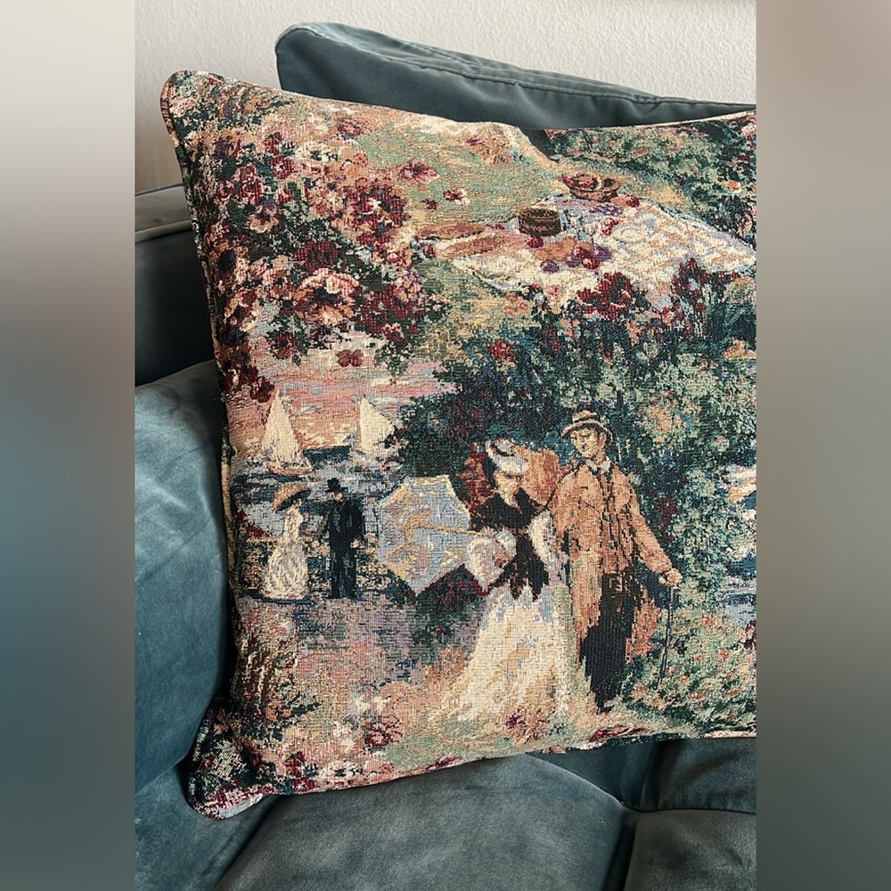 Vintage Tapestry Accent Throw Pillow Victorian Sail Boats Nautical - Picture 2 of 10